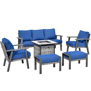 Walden Grey 6-Piece Wicker Steel Outdoor Patio Conversation Sofa Set with a Fire Pit and Navy Blue Cushions