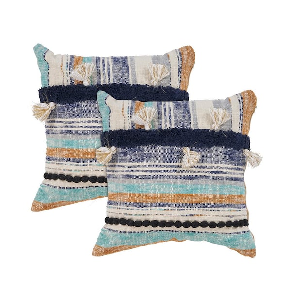 Unbranded Oceanfront Blue/Multi Striped Tassled 100% Cotton 18 in. x 18 in. Indoor Throw Pillow (Set of 2)