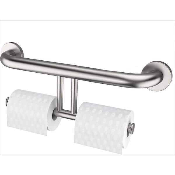 17 in. Stainless Steel Wall Mounted 2-in-1 Safety Handrail with Double Toilet Paper Holder for Elderly, Brushed Nickel