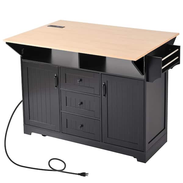 Tileon Black Wood 55.7 in. Large Kitchen Island with 2 Drop Leaf, Rolling Kitchen Cart with Power Outlet, Spice and Towel Rack