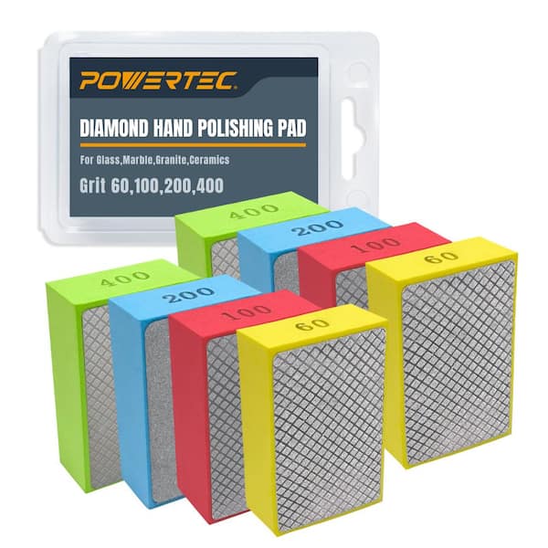‎POWERTEC Diamond Hand Polishing Pads Assortment 60/100/200/400 Grits, 2 of Each, Block Type (8-Pack)