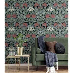 Midnight Blue and Sage Vintage Rose Vinyl Peel and Stick Wallpaper Roll (30.75 sq. ft.)