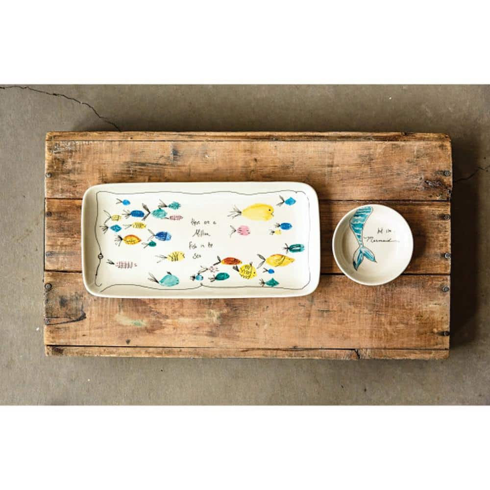 Whimsical Fish and Mermaid Ceramic Chip and Dip Set