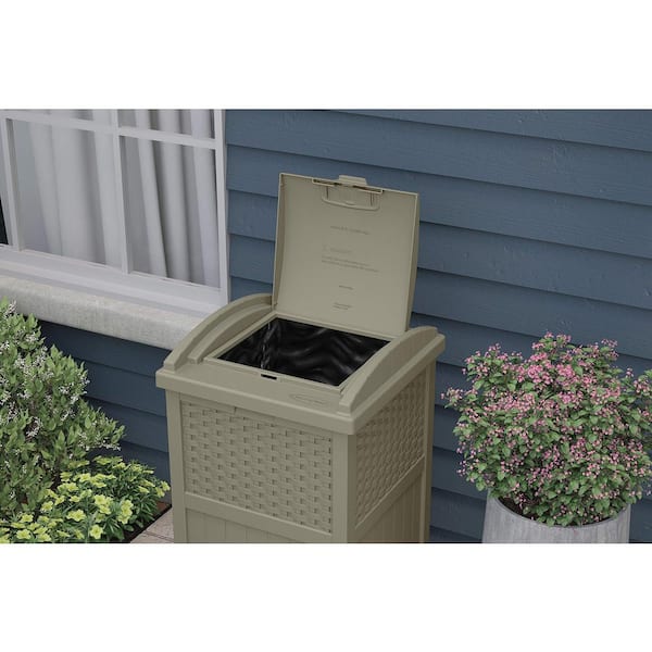 Suncast Wicker Resin Outdoor Hideaway Trash Can with Latching Lid Dark Taupe