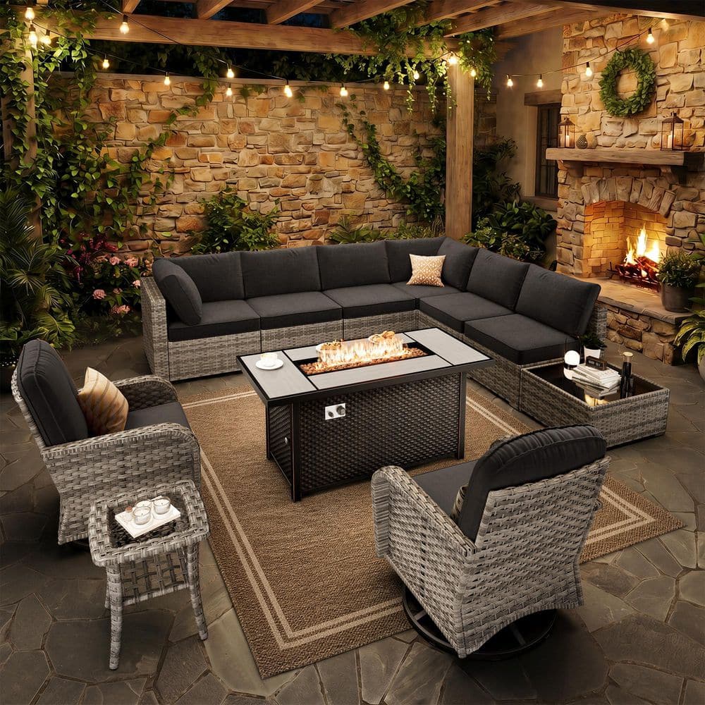Hoppish Gray 11-Piece Wicker Patio 54 in. Fire Pit Conversation Set with Black Cushions and Swivel Rocking Chairs price history on PriceWatchPro