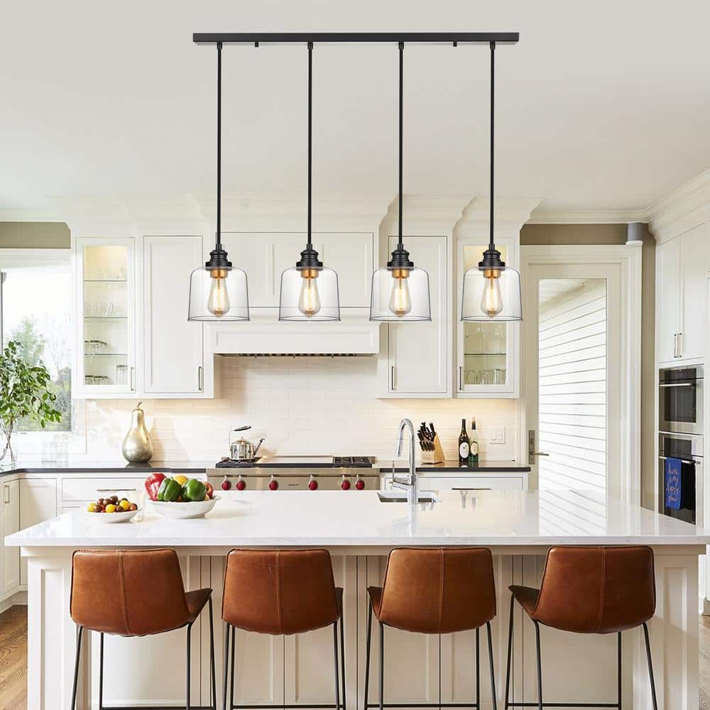 Bronze 4-Light Glass Shade Kitchen Island Pendant