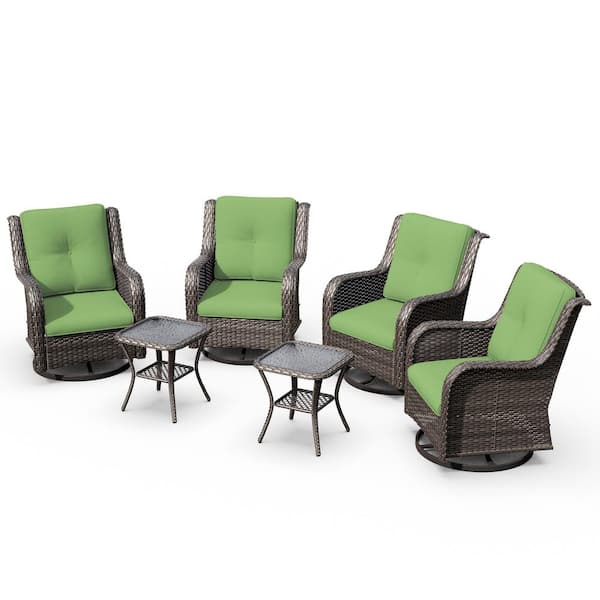 6-Piece Swivel Wicker Patio Conversation Set Rocking Chairs with Green Cushions