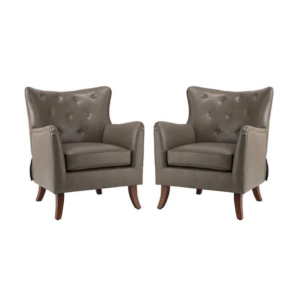 JAYDEN CREATION Germano 30 in. Gray Faux Leather Wingback Arm Chair with Solid Wooden Legs (Set of 2)