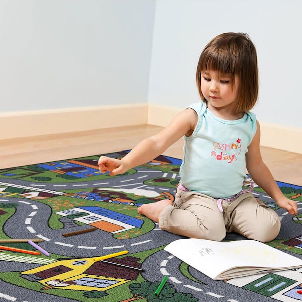 Ottomanson - Jenny Collection Non-Slip Rubberback Educational Town Traffic Play 5x7 Kid's Area Rug,5 ft.x6 ft. 6 in.,Green/Multicolor