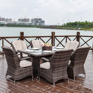 Brown 7-Piece Wicker Rectangle Outdoor Dining Set with Beige Cushion