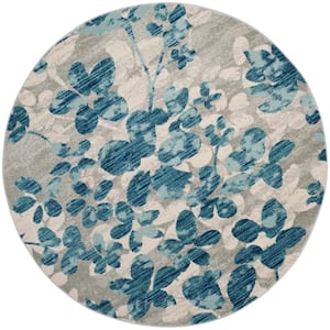 Evoke Gray/Light Blue 7 ft. x 7 ft. Round Floral Area Rug