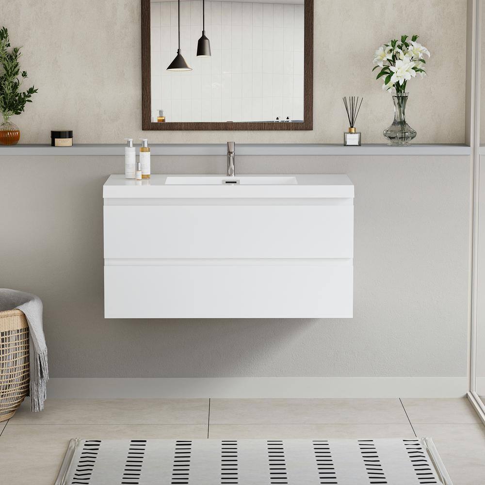 42" Glossy White MDF Floating Bathroom Vanity with Resin Sink