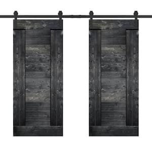 60 in. x 84 in. Metallic Gray Stained DIY Knotty Pine Wood Interior Double Sliding Barn Door with Hardware Kit