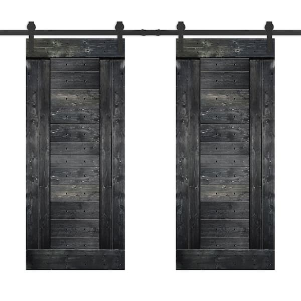 CALHOME 60 in. x 84 in. Metallic Gray Stained DIY Knotty Pine Wood Interior Double Sliding Barn Door with Hardware Kit
