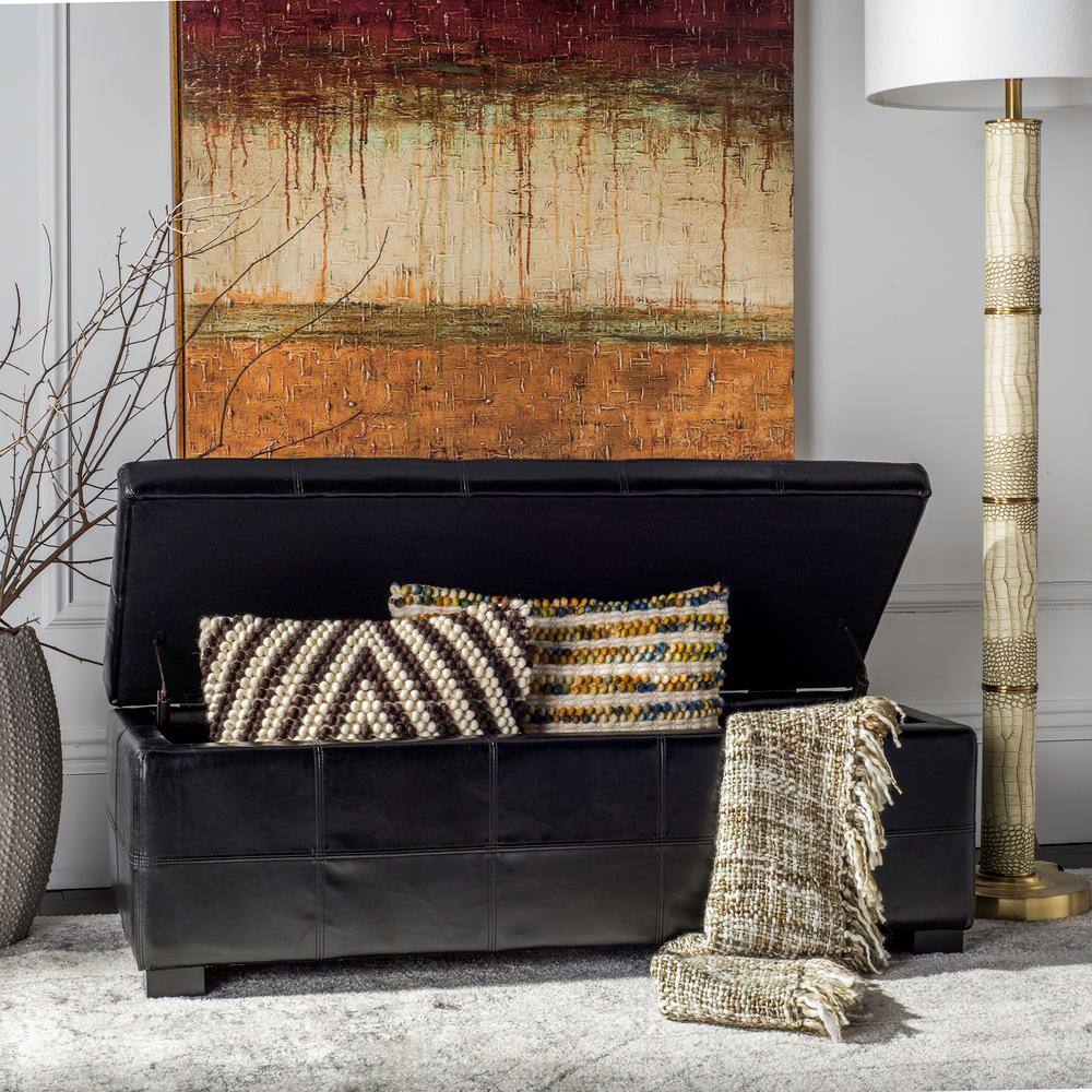 Madison Large Black Leather Storage Bench with Hardwood Frame