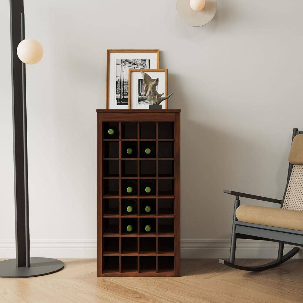 32-Bottle Walnut Brown MDF Freestanding Wine Rack