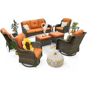 8-Piece Wicker Outdoor Patio Conversation Set with Orange Cushions and Swivel Rocking Chairs