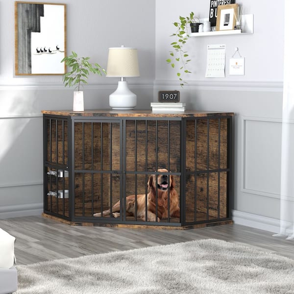 Dog Crate Furniture Corner Indoor Dog Kennel Pet House Dog Cage Storage Cabinet with 2-Stainless Bowls, Brown