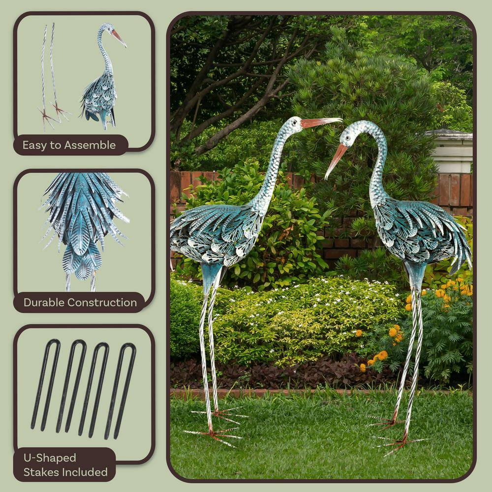 Hand-Painted Blue Metal Crane Garden Statues Set