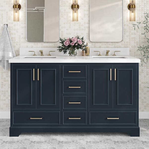 ARIEL Stafford 61 in. W x 22 in. D x 36 in. H Double Sink Freestanding Bath Vanity in Midnight Blue with Pure White Quartz Top