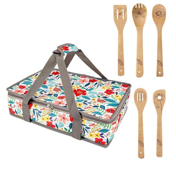 1-Piece Sunflower Pattern Insulated Casserole Carrier Set with Wooden Spoons for Hot or Cold Food Carrier