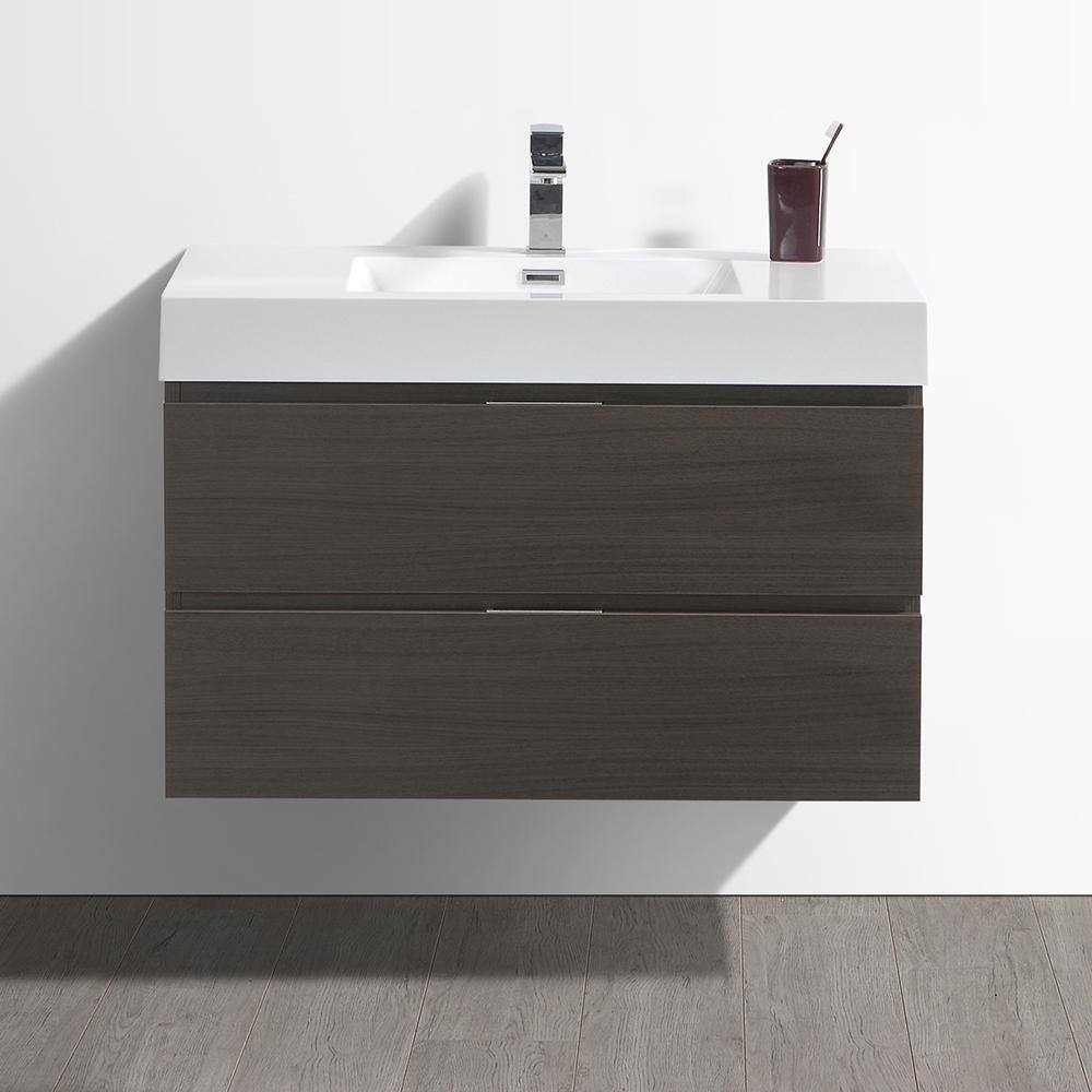 Gray Oak 36" Wall-Mount Modern Bathroom Vanity with Acrylic Top