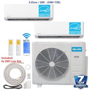 2-ZoneEnergy Star Wi-Fi 36,000 BTU 230V 21 SEER2 Mini Split AC with Heat Pump 24K BTU-12K BTU Heads, 25 ft. Lineset x 2