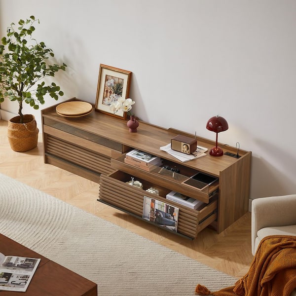 Harper & Bright Designs Walnut TV Stand Fits TVs Up to 70 to 79 in. with 4-Drawers, Built-In Charging Ports, LED Lighting