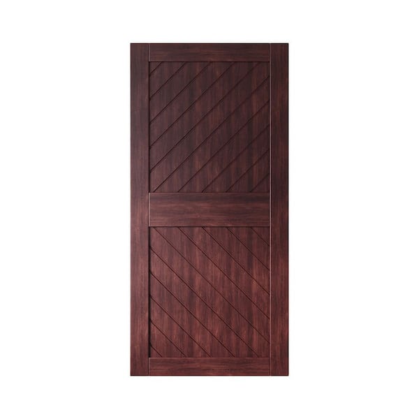 HOMACER XT3 32 in. x 84 in. C-Panel Solid Core Red Mahogany Slanted Stripe Design Pine Wood Interior Sliding Barn Door Slab