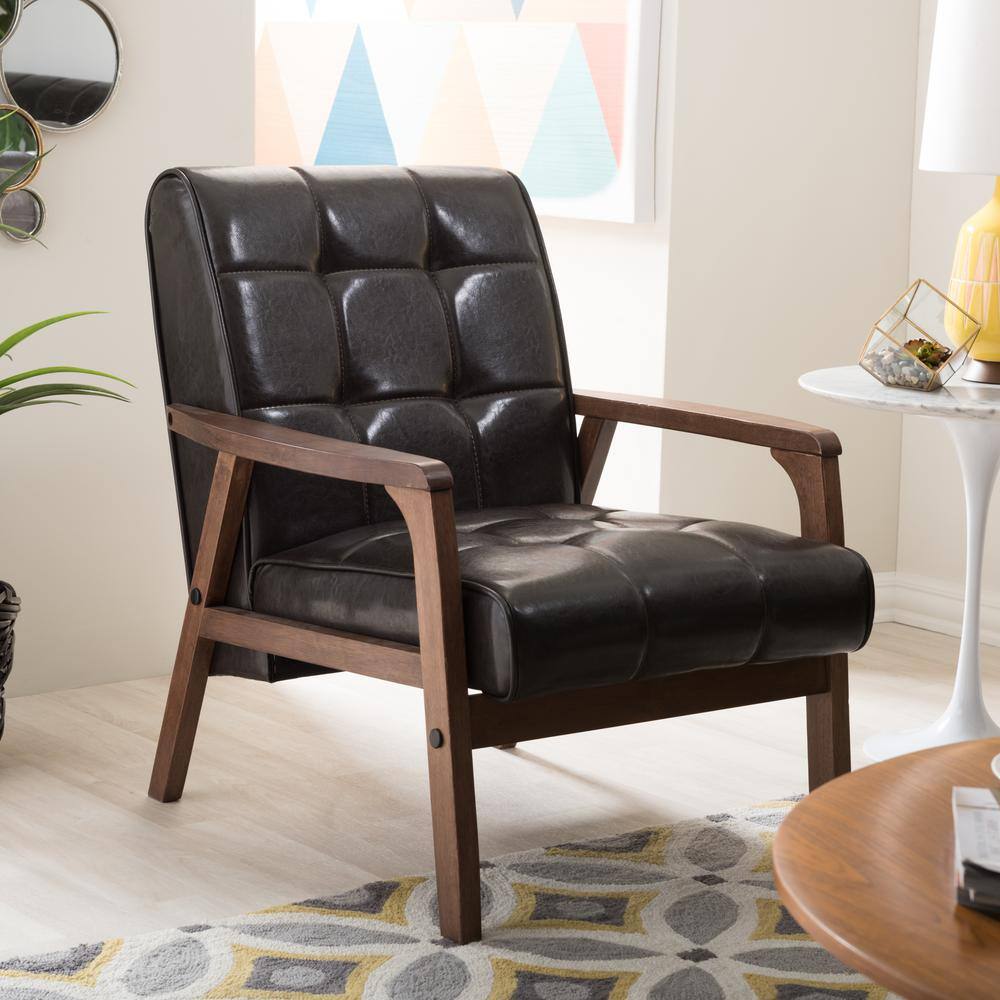 Sleek Mid-Century Brown Faux Leather Accent Chair