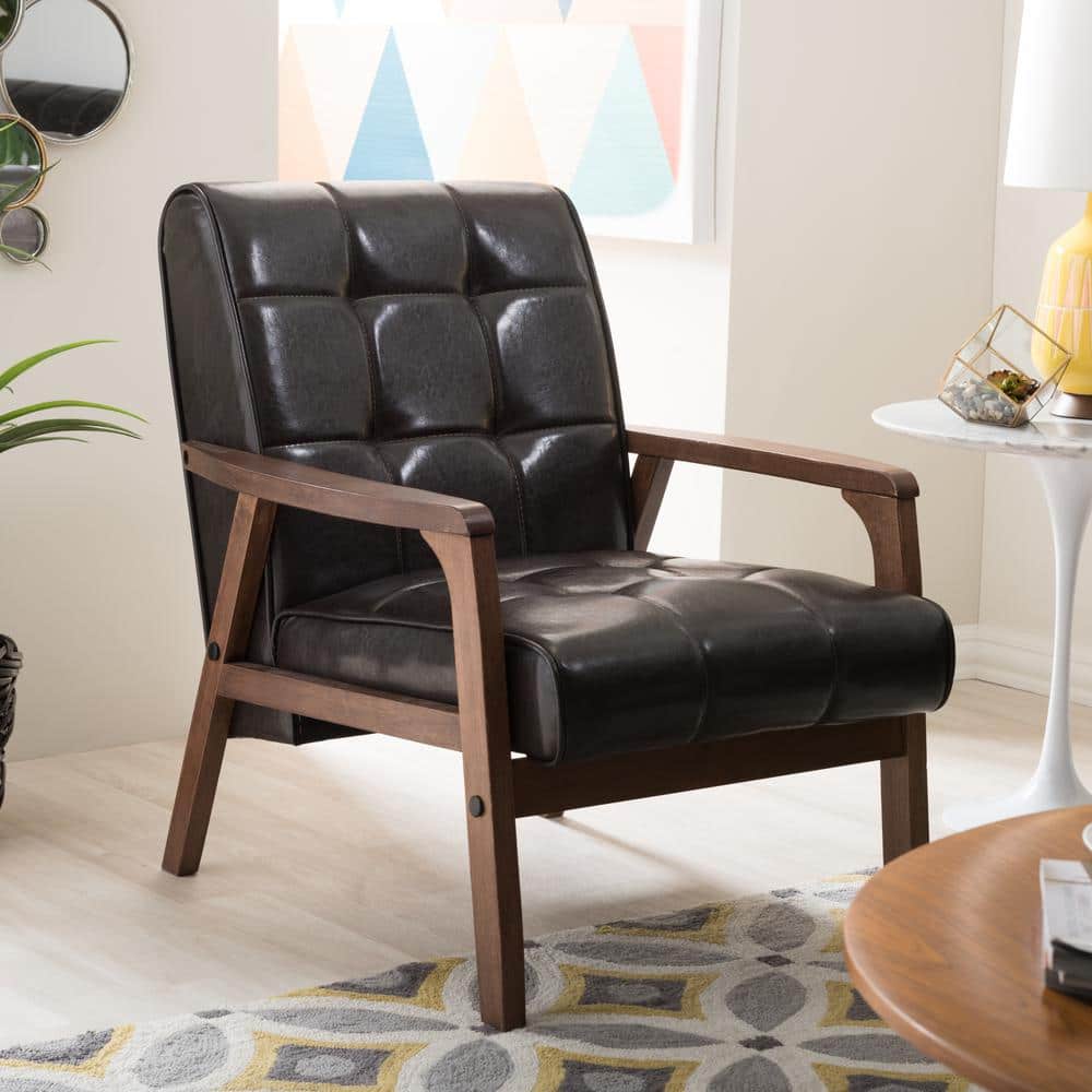 Sleek Mid-Century Brown Faux Leather Accent Chair