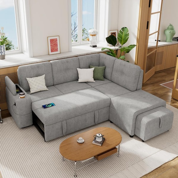 Harper & Bright Designs 93.9 in. Corduroy L-shaped Sectional Sofa in. Light Gray with Pull-out Sofa Bed, Movable Ottoman and Stool, 2 USB Ports