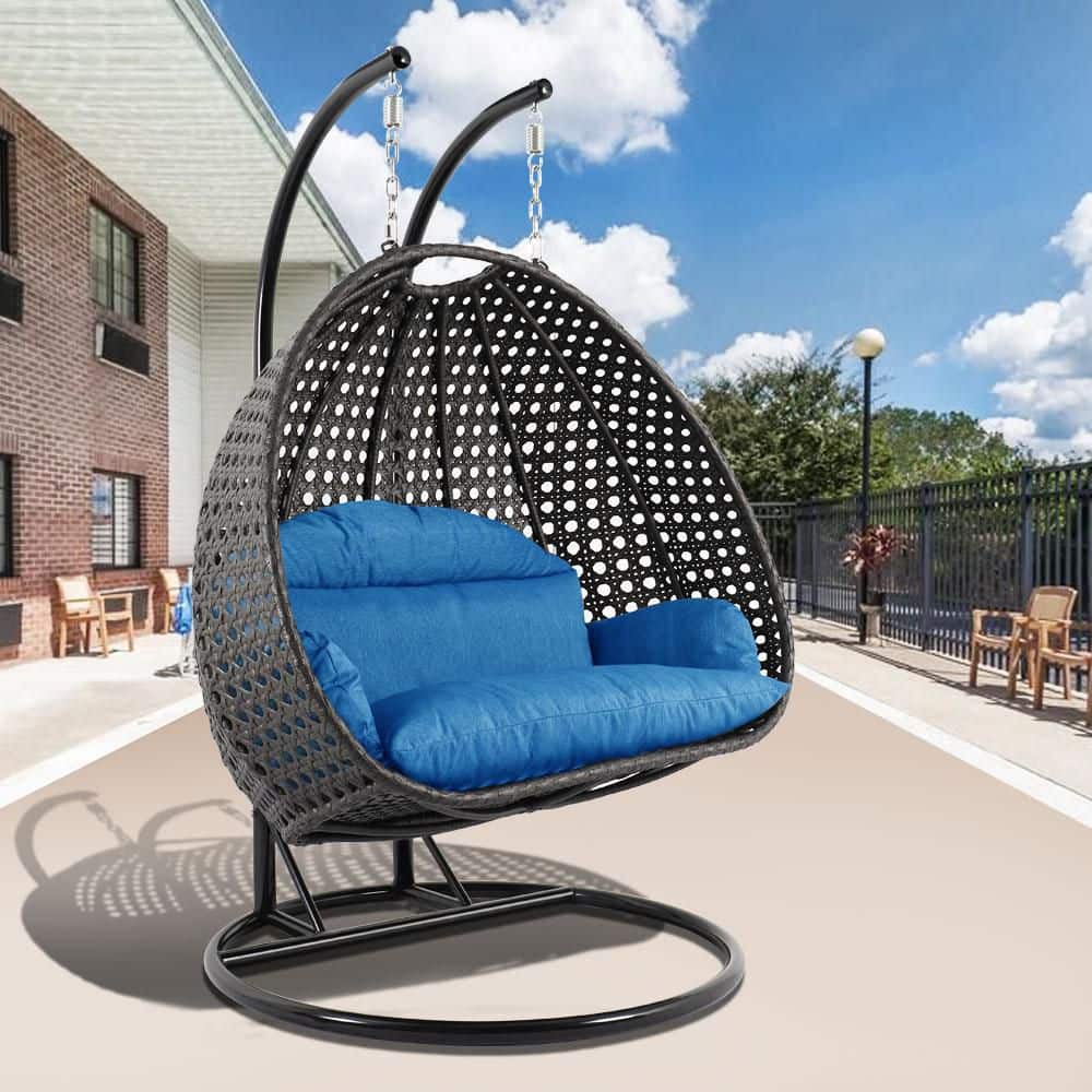Charcoal Wicker Hanging Egg Chair with Blue Cushions