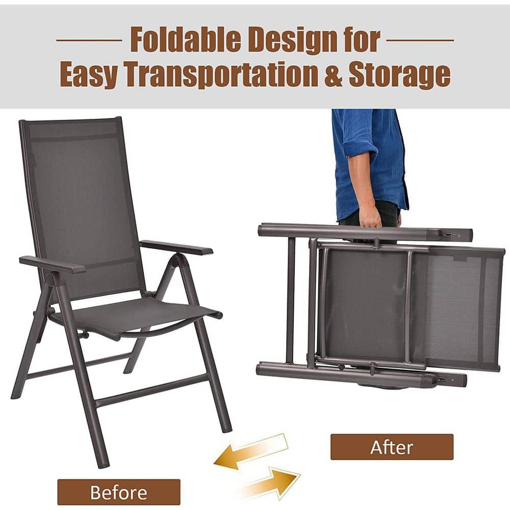 Gray Aluminum Folding Dining Chairs with Adjustable Reclining Backrest, Set of 2