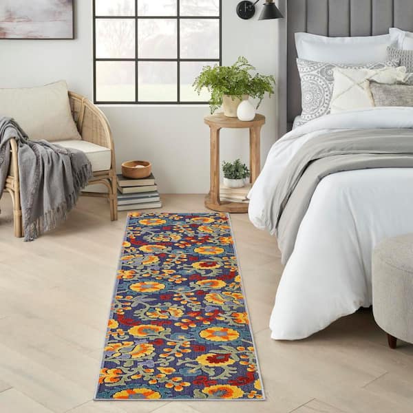 Aloha Navy Multicolor 2 ft. x 6 ft. Floral Contemporary Indoor/Outdoor Area Rug
