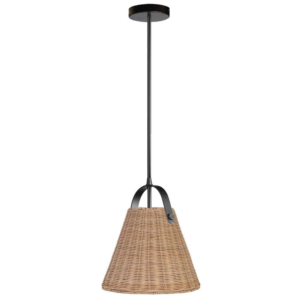 Matte Black Wicker Shade Pendant Light with Rattan