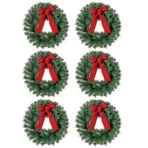 24 in. Unlit Artificial Christmas Wreath with Red Bow (6 Pack)