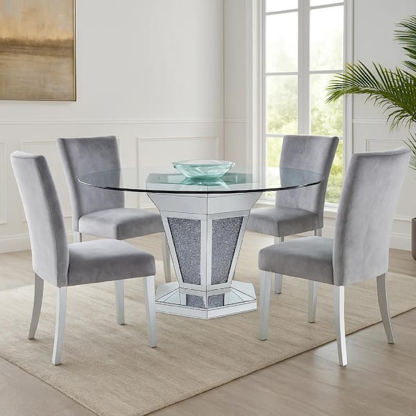 Benjara Clear and Silver Glass Round 52 in. Pedestal Base Dining Table Seats 4