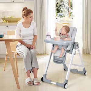 Grey Baby Folding Convertible High Chair w/Wheel Tray Adjustable Height Recline