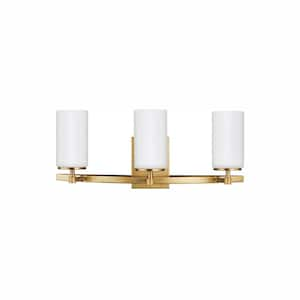 Alturas 22 in. 3-Light Satin Brass Modern Contemporary Wall Bathroom Vanity Light with Satin Etched Glass and LED Bulbs