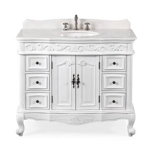 Beckham 48 in. W x 22 in. D x 36 in. H Bathroom Vanity in Antique White with Single Sink White Marble Top and Mirror