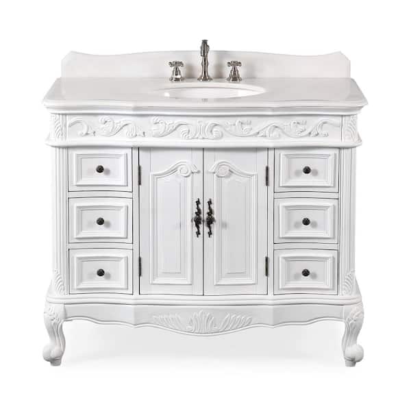 Beckham 48 in. W x 22 in. D x 36 in. H Bathroom Vanity in Antique White with Single Sink White Marble Top and Mirror