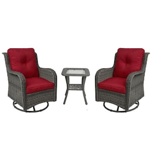 Wicker Gray Patio Swivel Outdoor Rocking Chair Set with Red Cushions and Table (Set of 2)