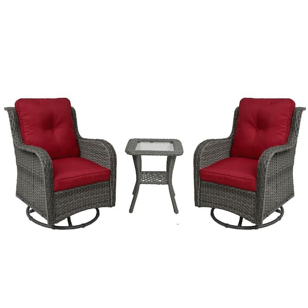 Uixe Wicker Gray Patio Swivel Outdoor Rocking Chair Set with Red ...