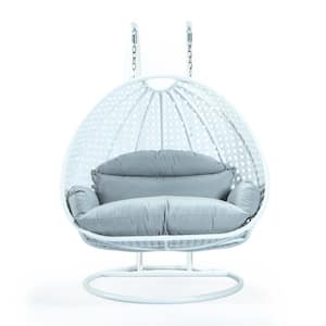White Wicker Hanging 2-Person Egg Swing Chair Porch Swing With Light Grey Cushions