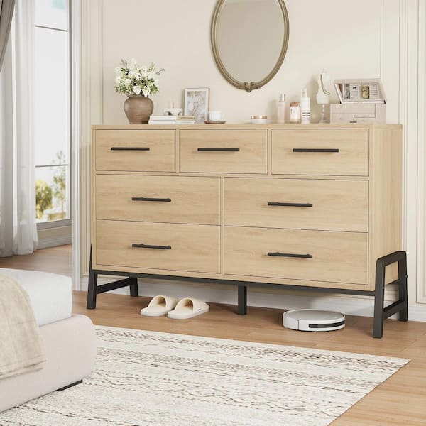 52 in. Wide Dresser with 7 Drawer, Storage Freestanding, Wooden Closet Storage Chest of Drawers, Natural Oak