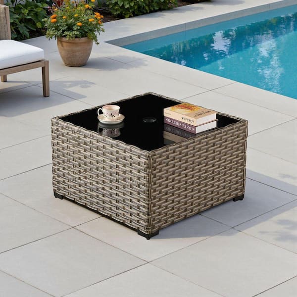 OculusP Square Wicker Outdoor Patio Coffee Table with Tempered-Glass Top and Umbrella Hole
