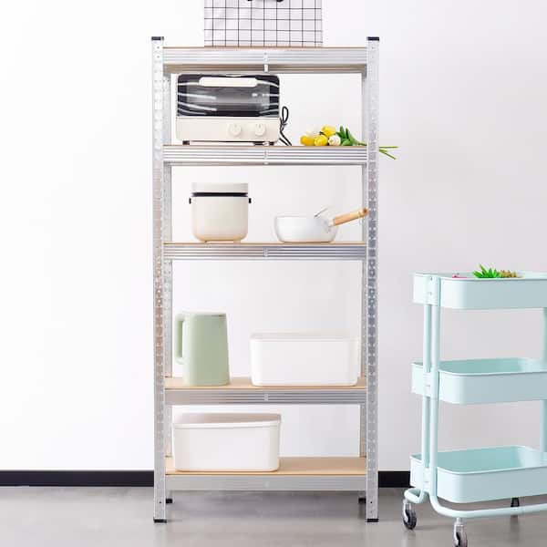 Unbranded Heavy Duty Utility 5-Shelf Metal plus Wood Silver Pantry Organizer