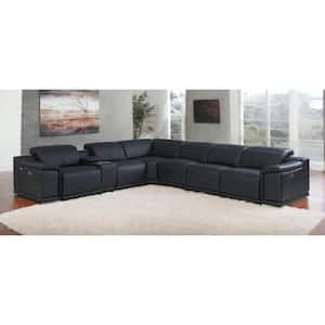 138 in. Pillow Top Arm 7-piece Leather U-Shaped Sectional Sofa in. Black