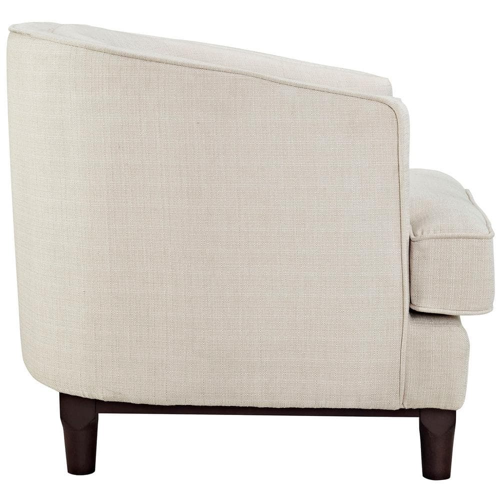 Coastal Elegance Beige Polyester Barrel Armchair with Walnut Wood Base